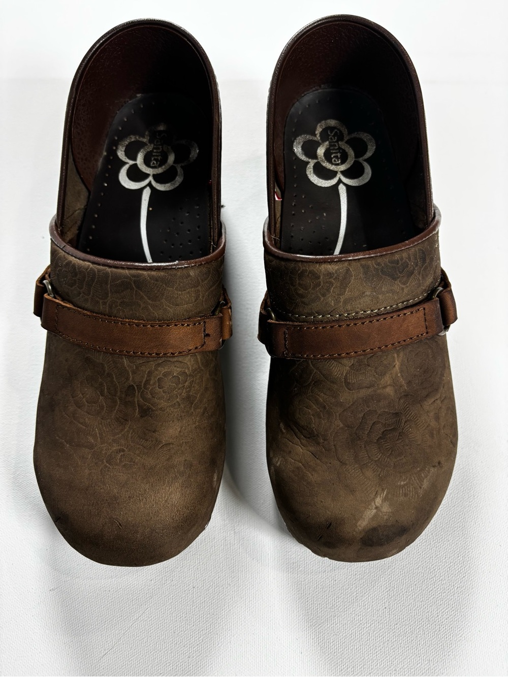Sanita Brown Floral Leather Slip-On Clogs with Buckle